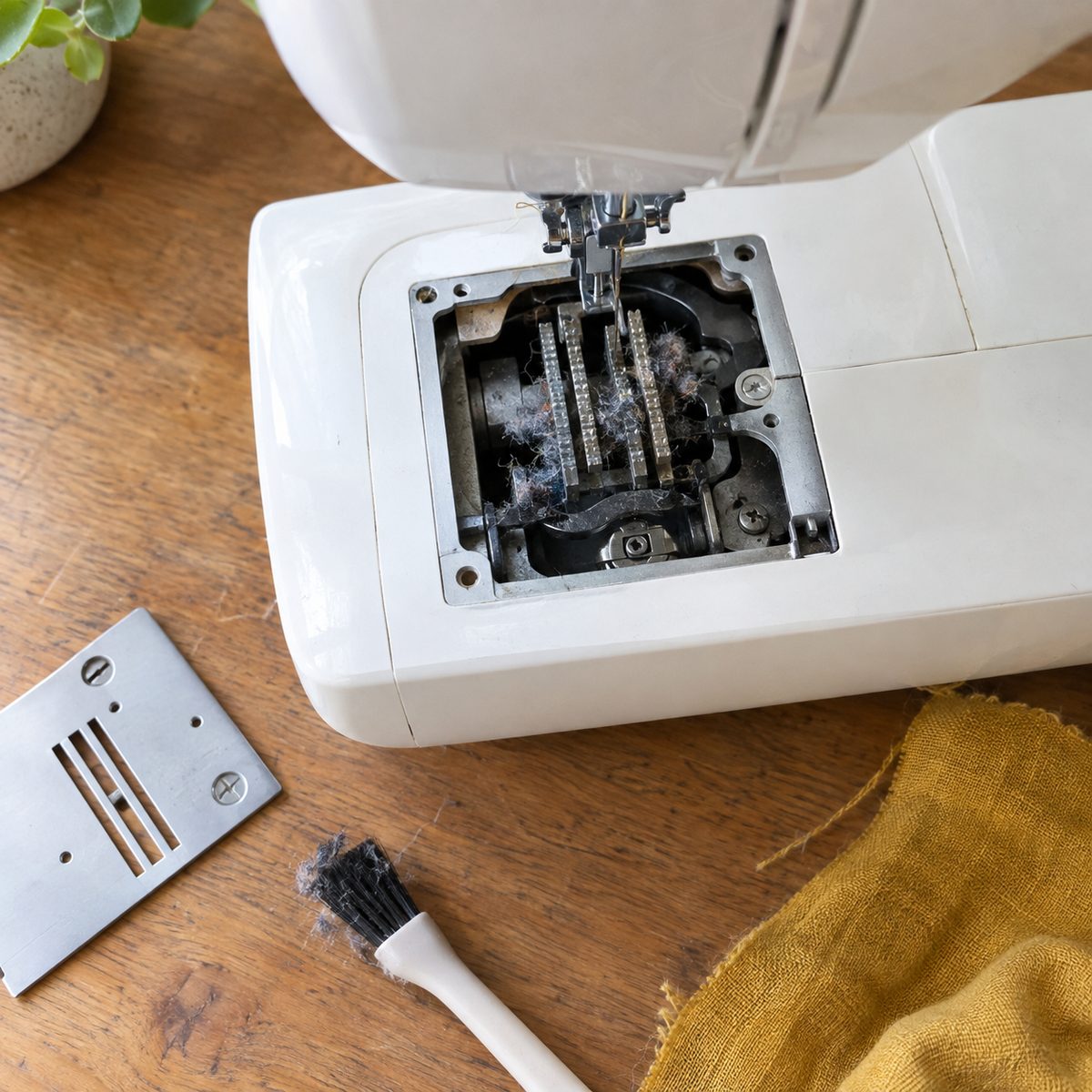Lint packed around the feed dogs of a sewing machine with the throat plate removed
