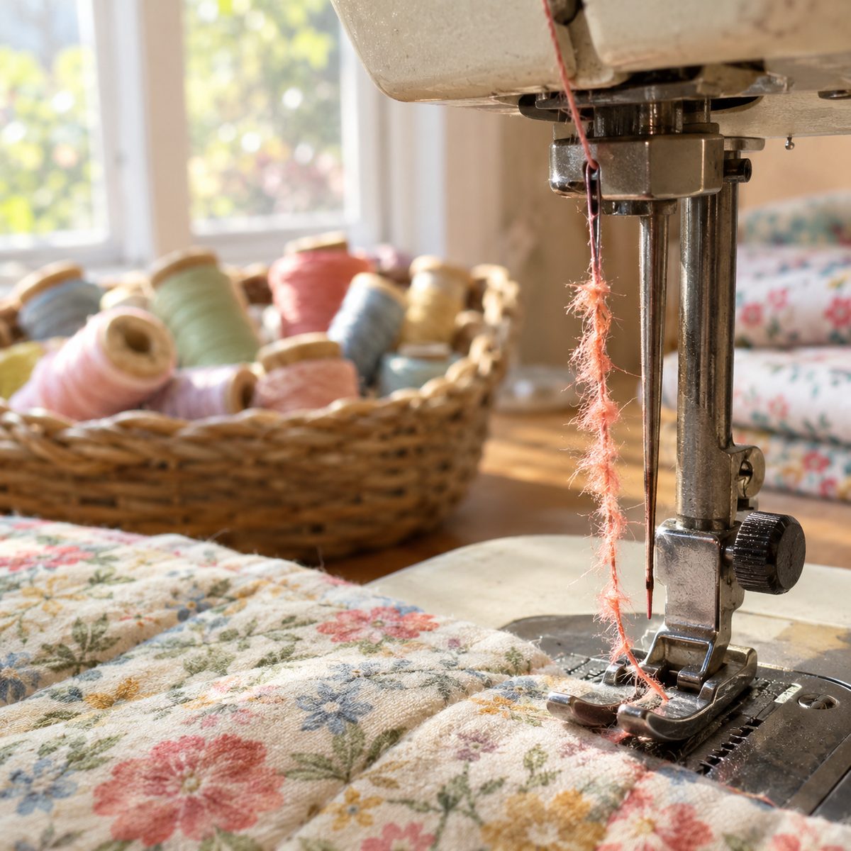 Frayed top thread near the needle of a sewing machine