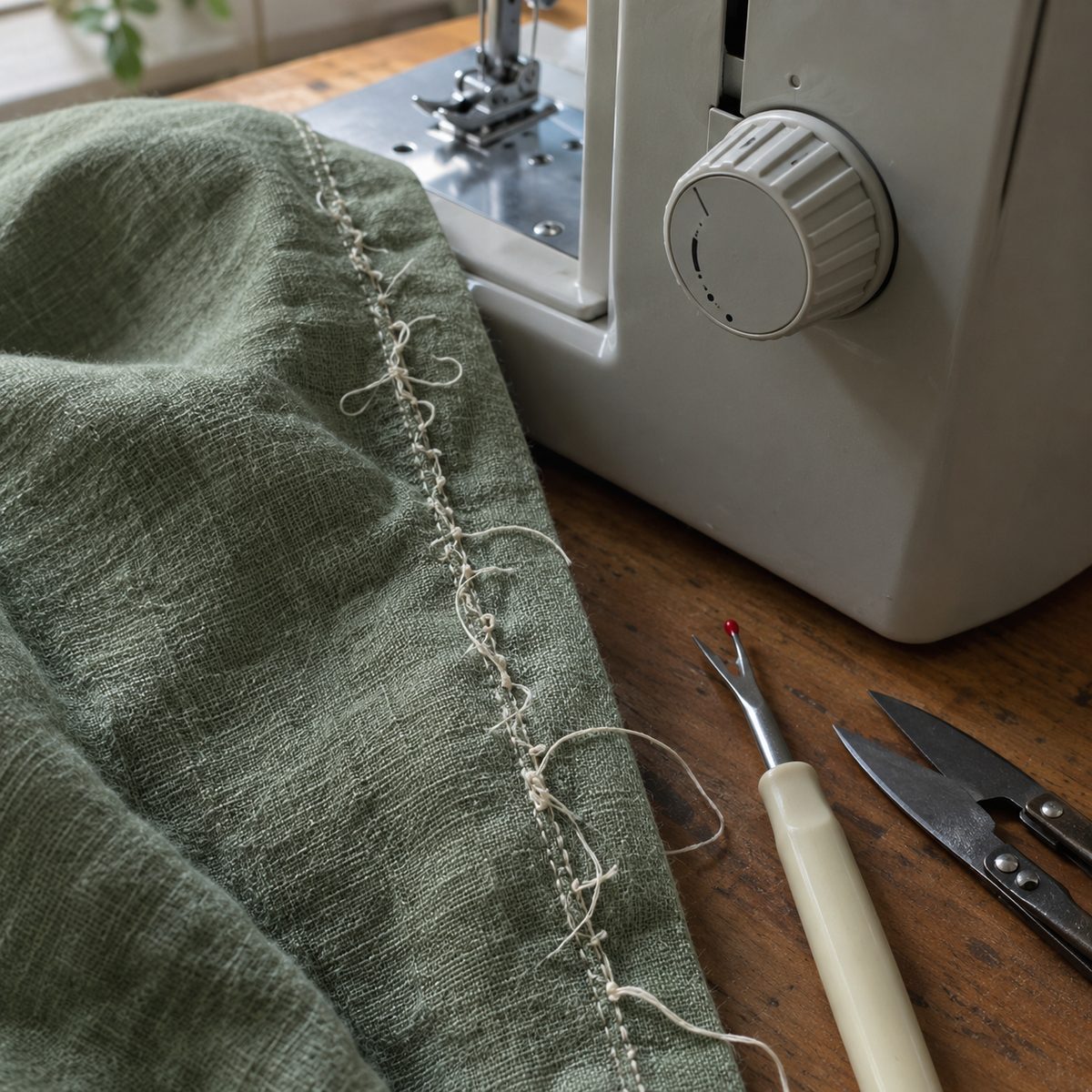 Loose loopy stitches on the underside of green linen fabric