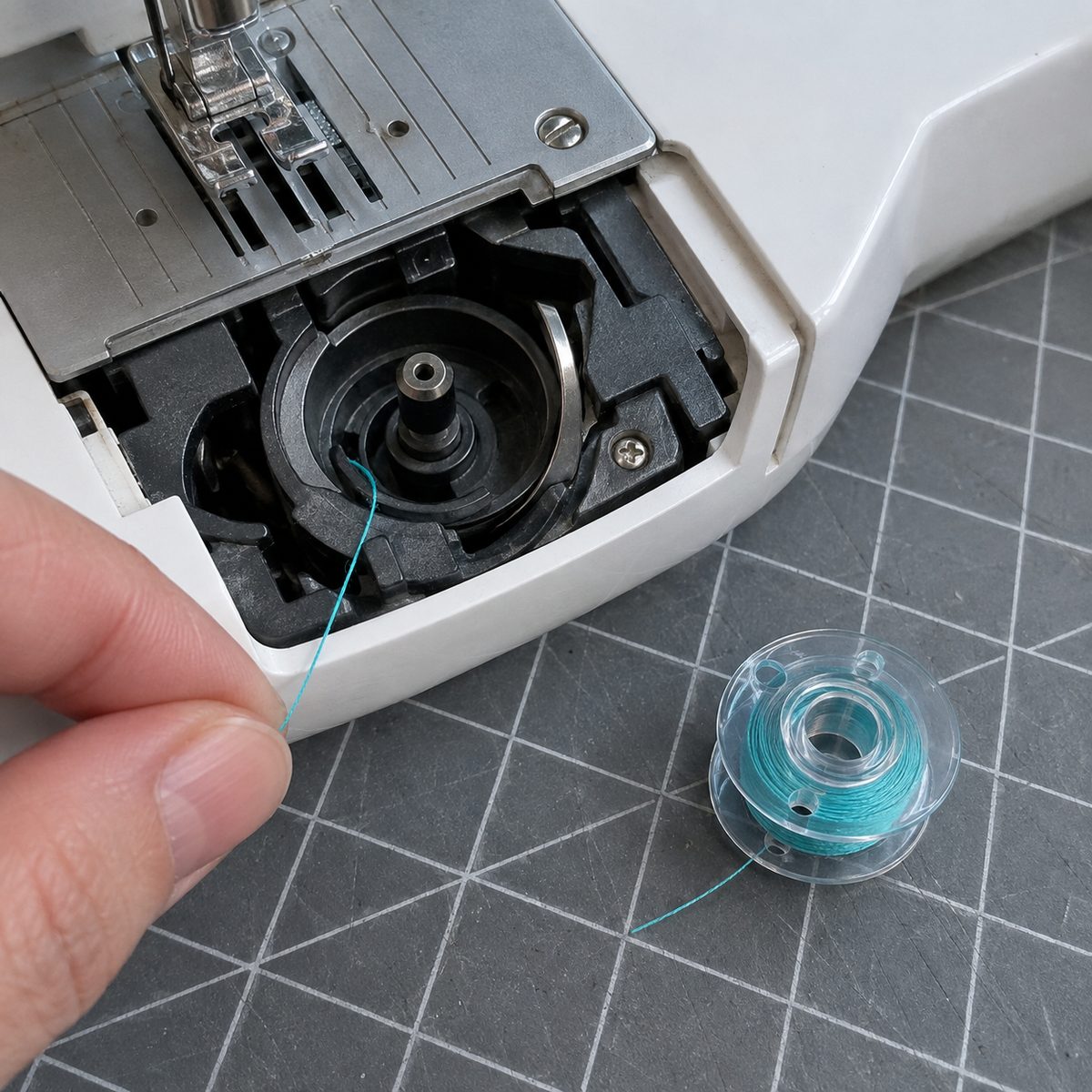 Drop-in bobbin area of a home sewing machine with a turquoise bobbin