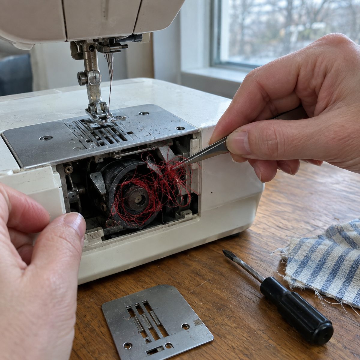 Clearing jammed thread from the bobbin area of a sewing machine