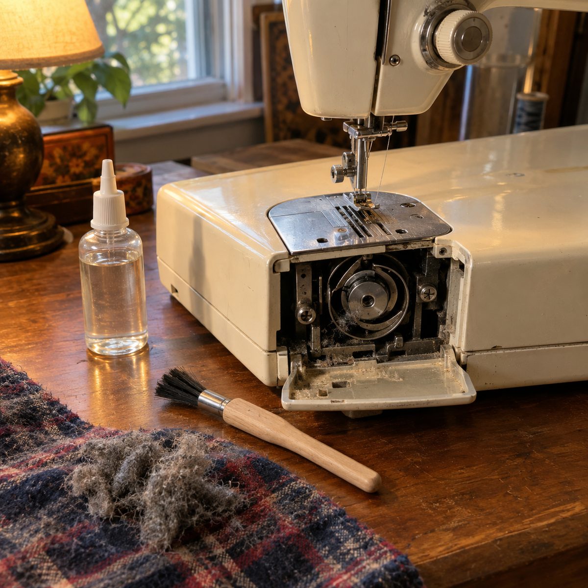 Cleaning lint out of a sewing machine bobbin compartment with a small brush