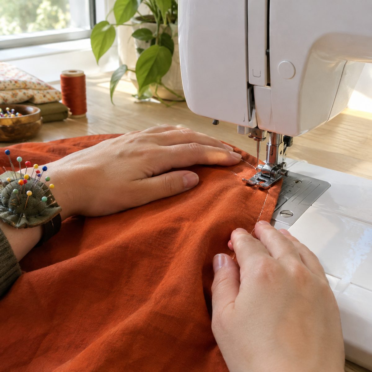 Hands gently guiding orange cotton fabric under a sewing machine presser foot