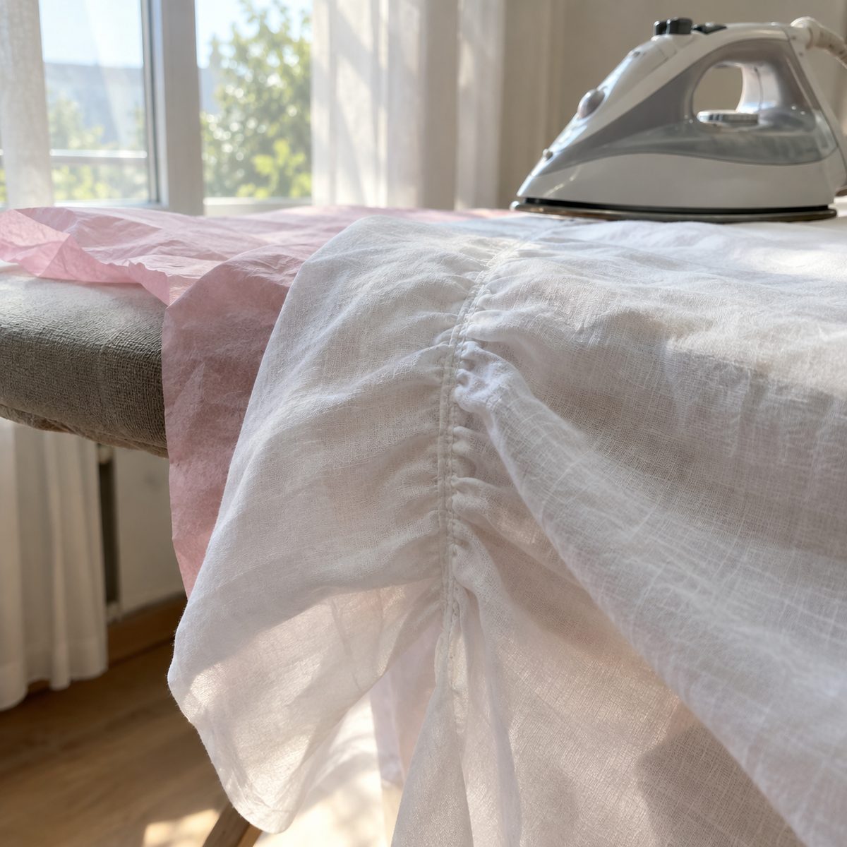 Puckered seam on lightweight white cotton voile beside an iron