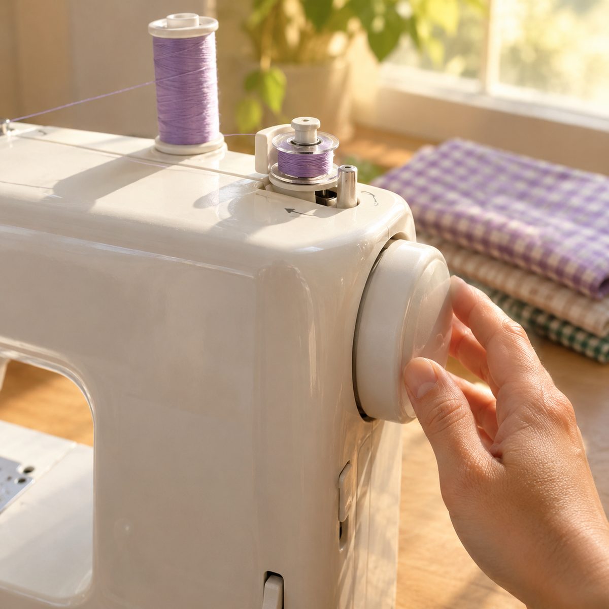 Bobbin winder engaged on the side of a home sewing machine