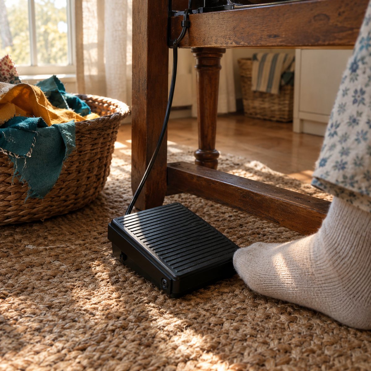 Sewing machine foot pedal and cord on a rug under a sewing table