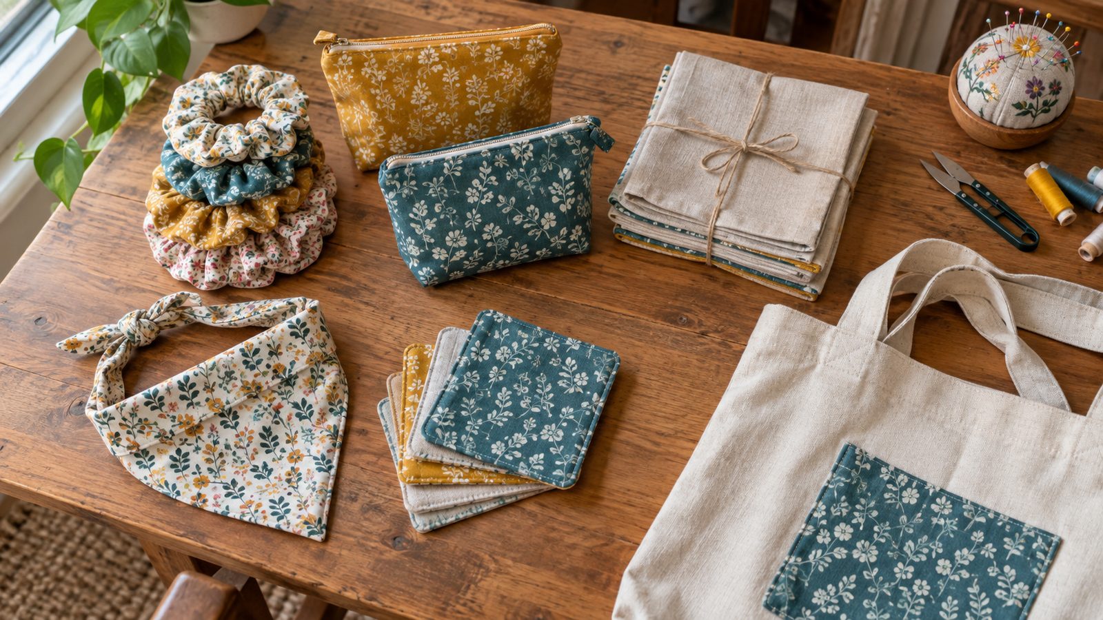 Handmade sewn items to sell arranged on a craft fair table