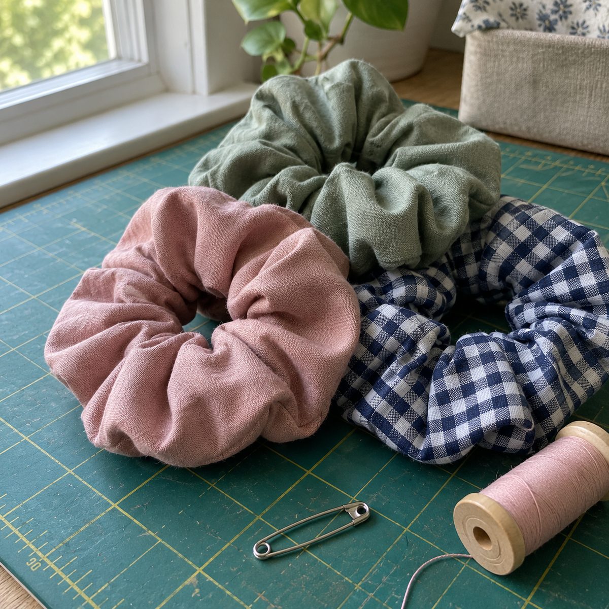 Batch of handmade cotton scrunchies in gingham and solid colors