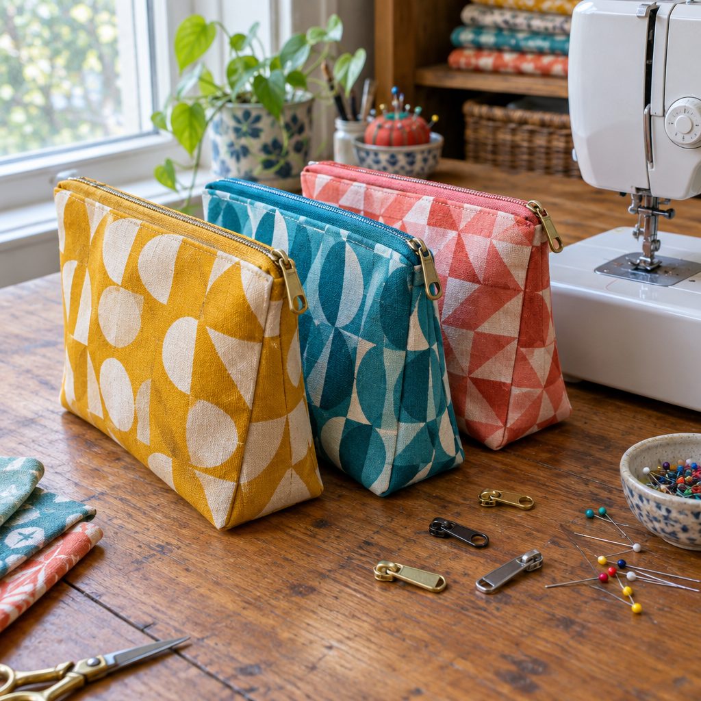Three lined fabric zipper pouches in geometric prints
