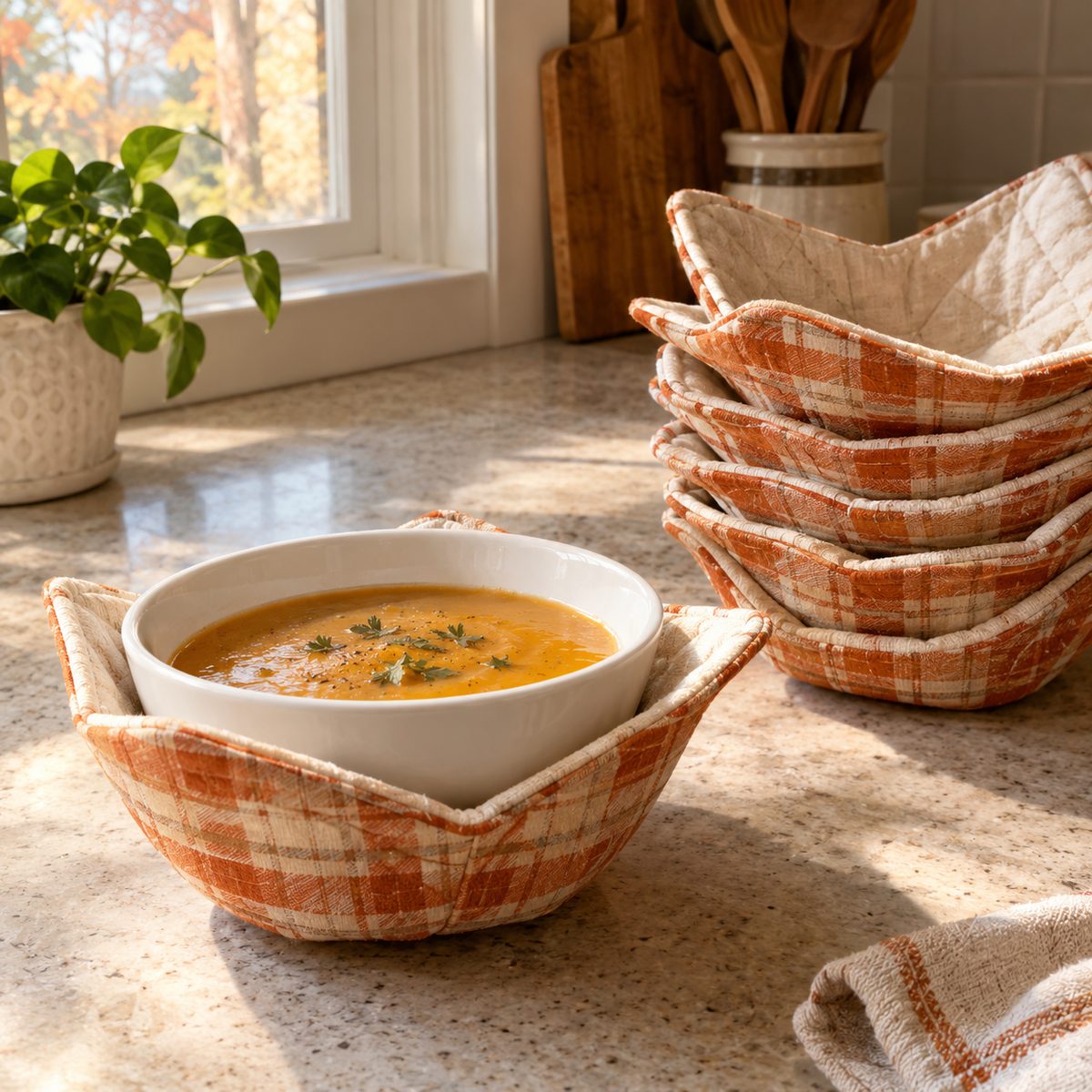 Quilted fabric bowl cozy holding a bowl of soup