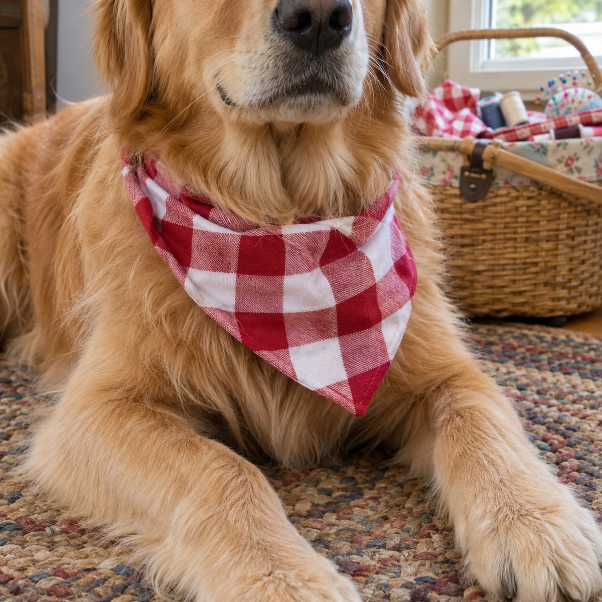 Dog wearing a handmade buffalo check slip-on bandana