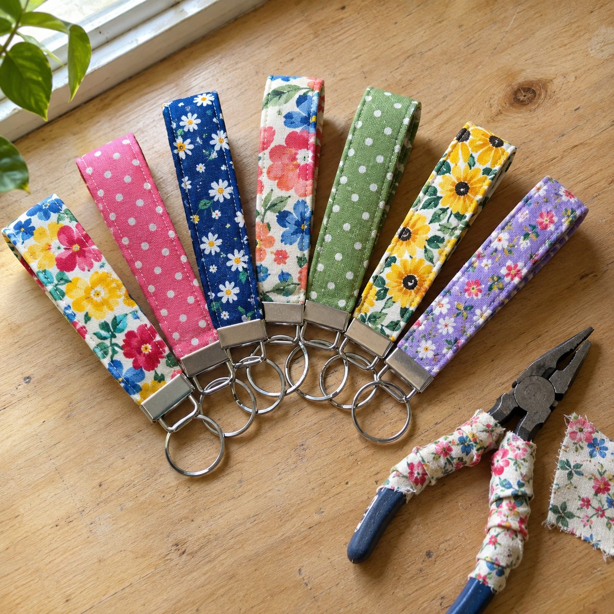 Handmade fabric key fob wristlets in floral and polka dot prints