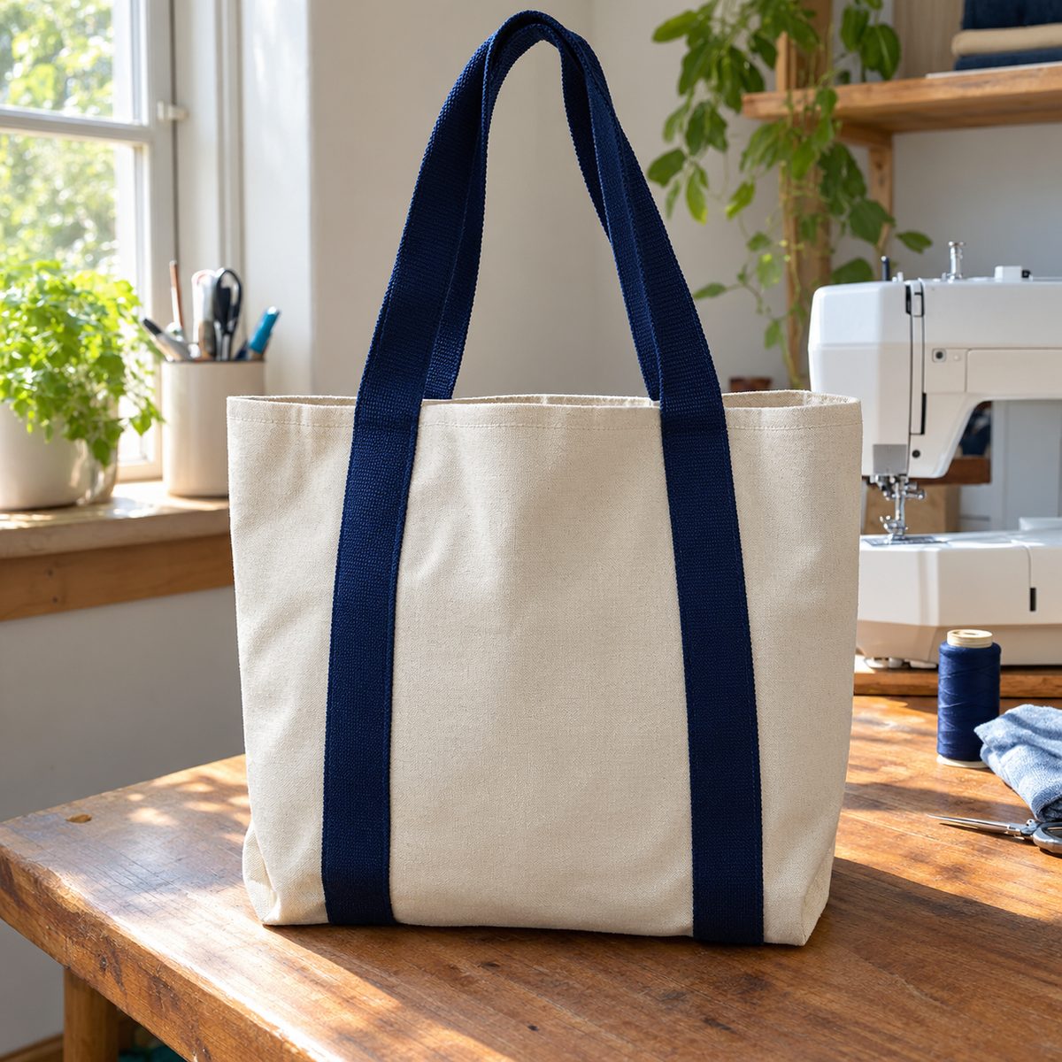 Canvas tote bag with boxed corners and navy straps
