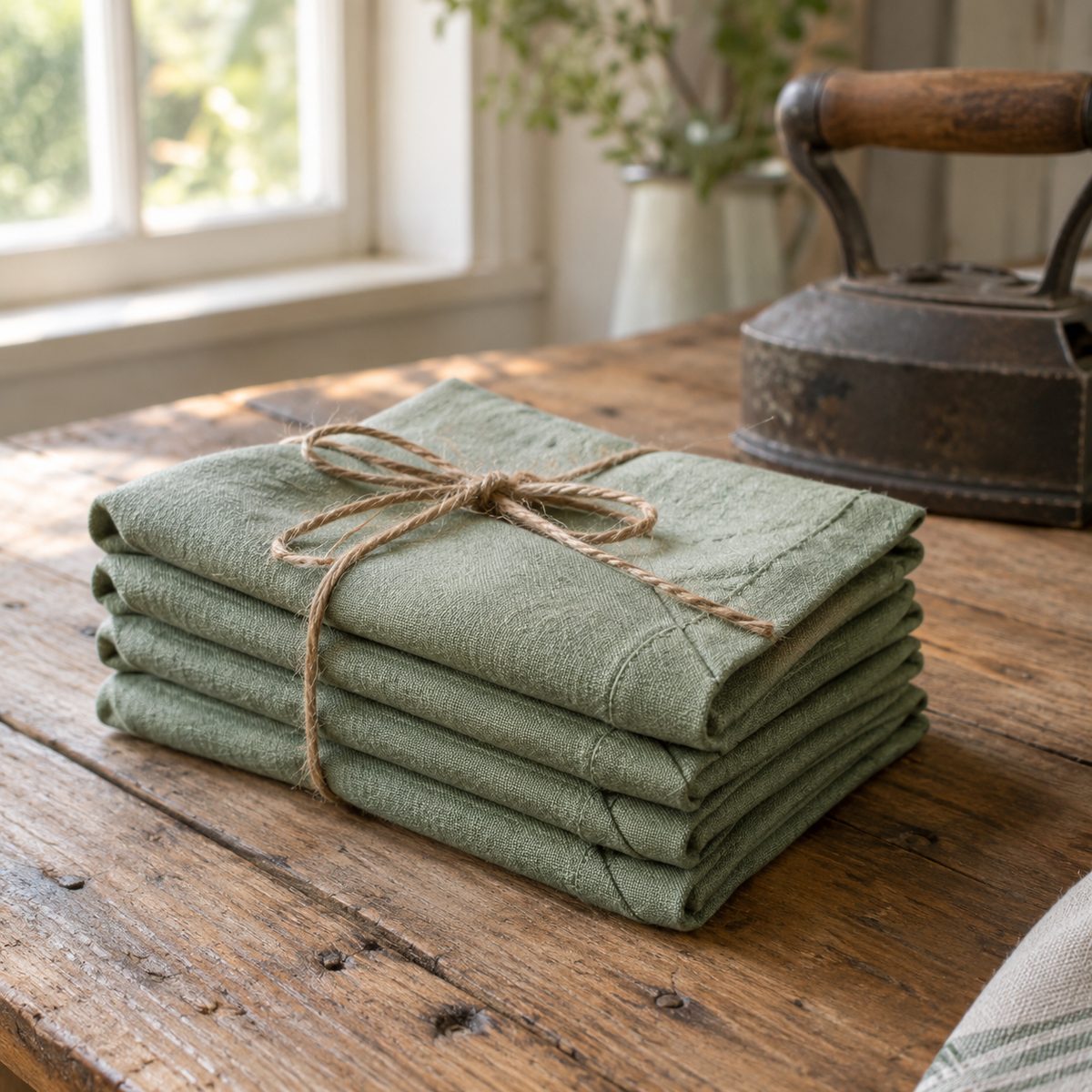 Set of sage green linen napkins with mitered corners