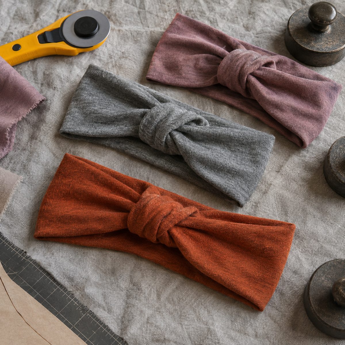 Knotted jersey knit headbands in rust, gray, and mauve