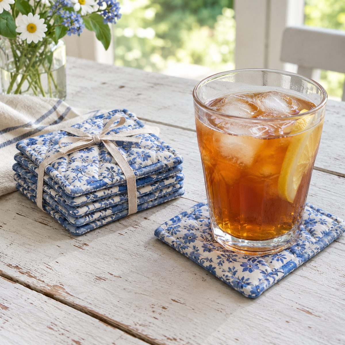 Set of blue and white floral fabric coasters tied with ribbon