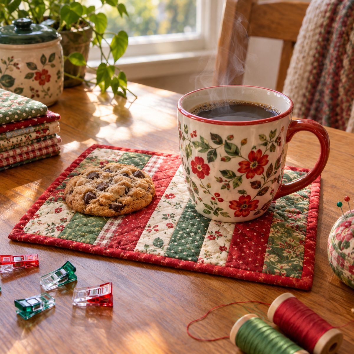 Patchwork mug rug with a coffee mug and cookie