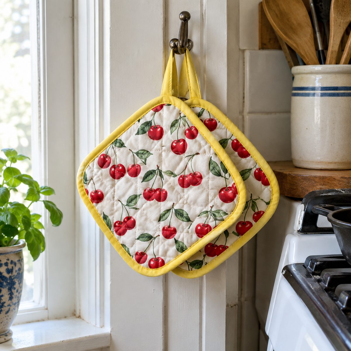 Quilted pot holders with bias binding hanging in a kitchen