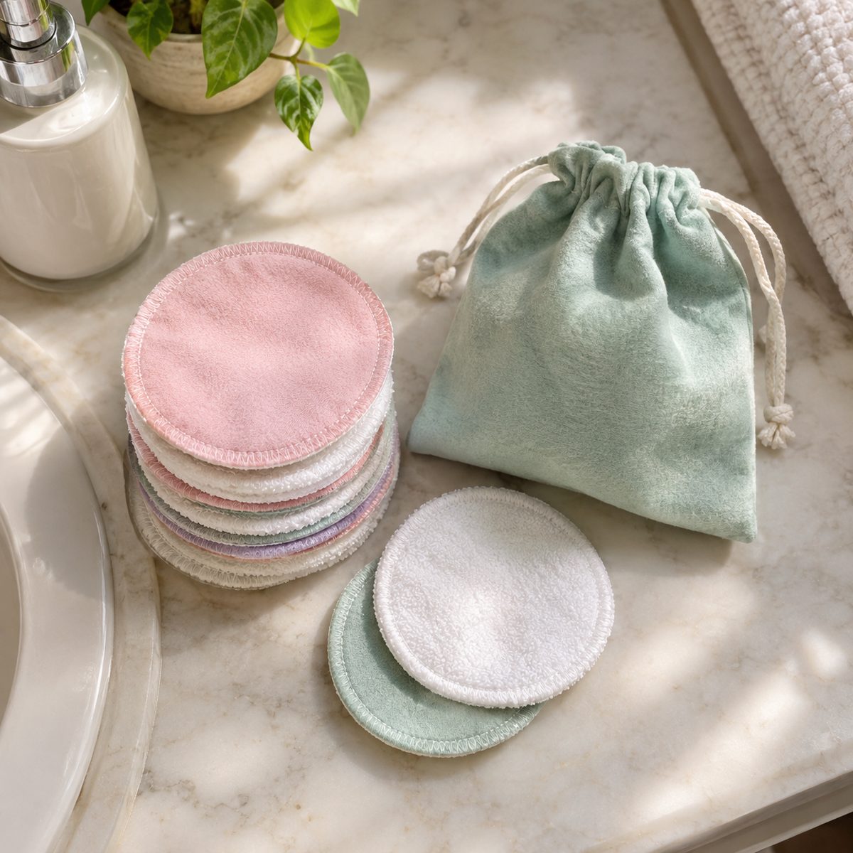 Reusable flannel makeup remover rounds with a drawstring bag
