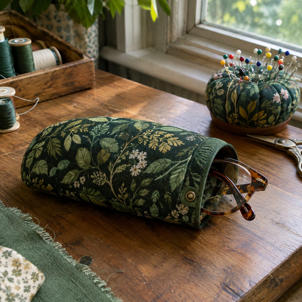 Padded fabric eyeglass case in botanical print