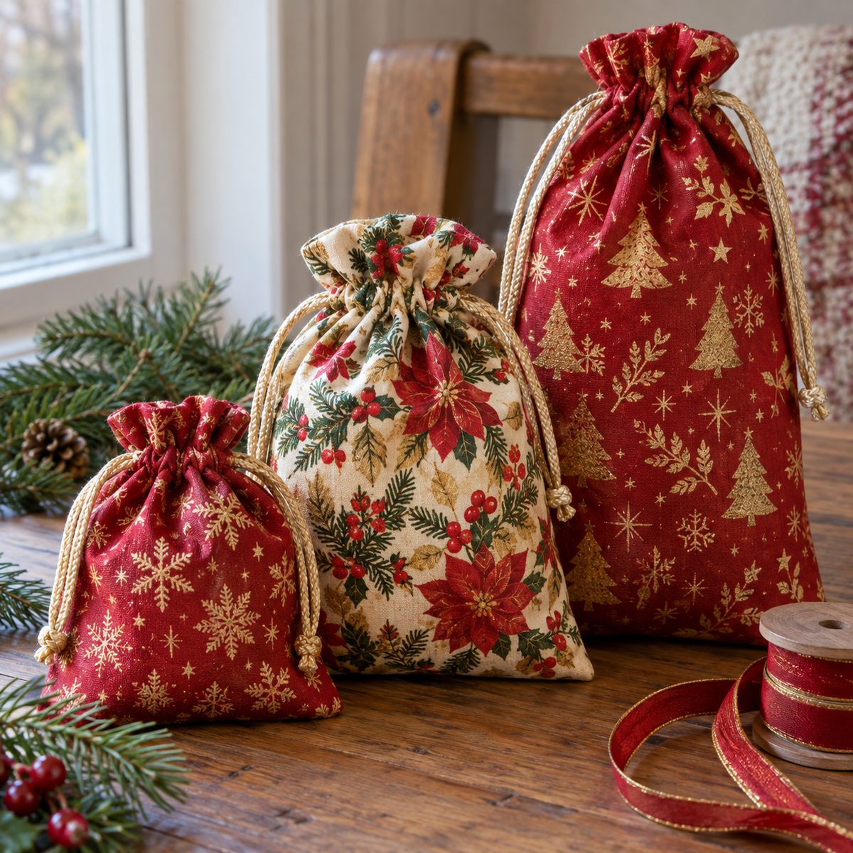 Handmade drawstring fabric gift bags in three sizes