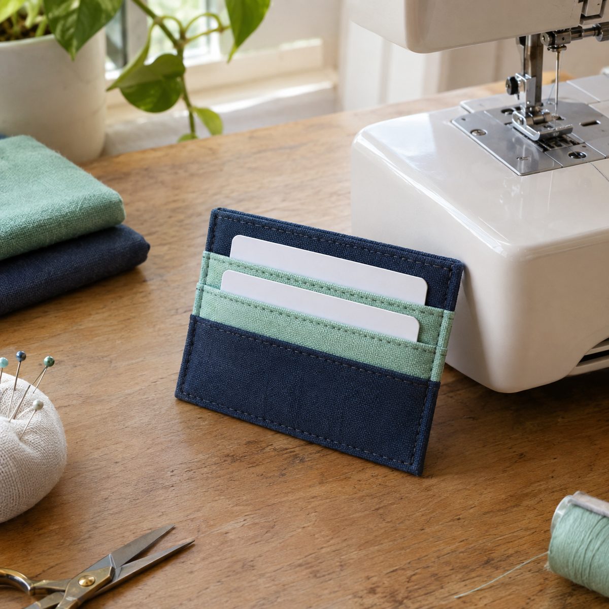 Slim fabric card wallet with stacked pockets