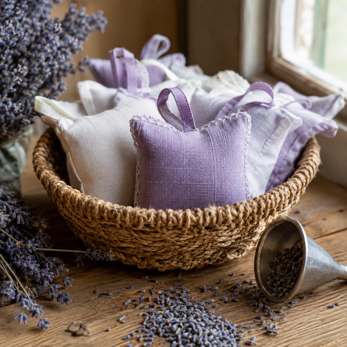 Linen lavender sachets in a woven basket