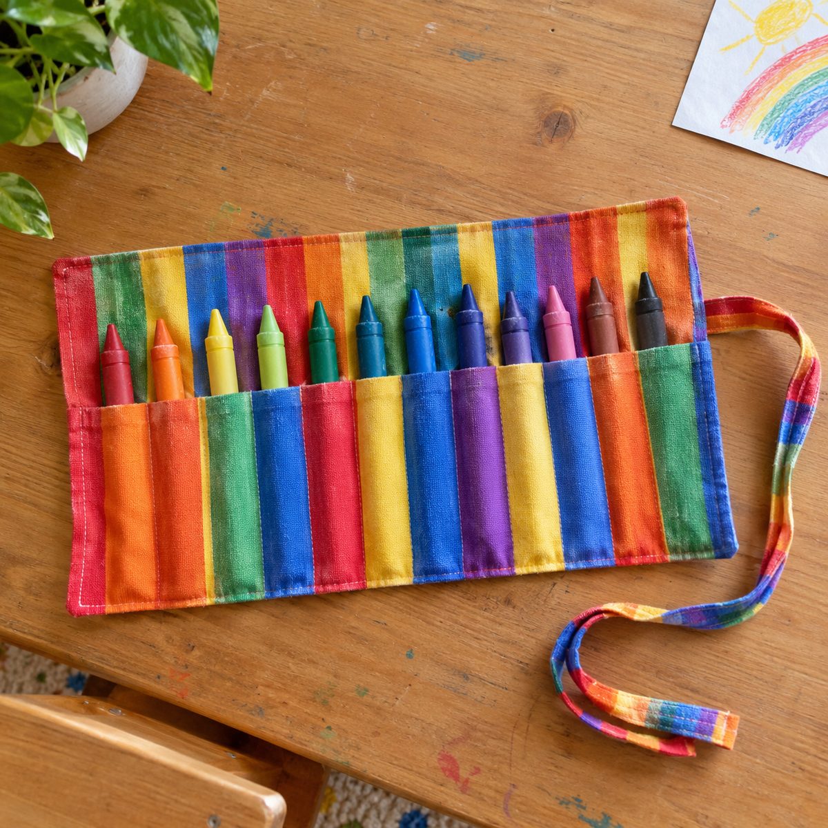 Fabric crayon roll with crayons in individual slots