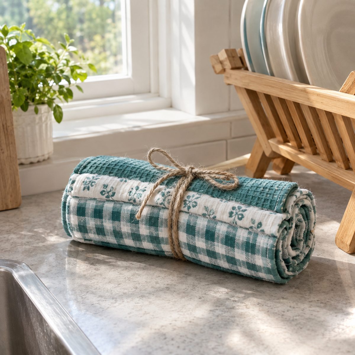 Rolled set of flannel unpaper towels tied with twine