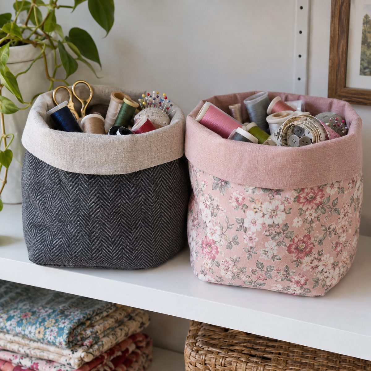 Fabric storage baskets holding thread and sewing notions