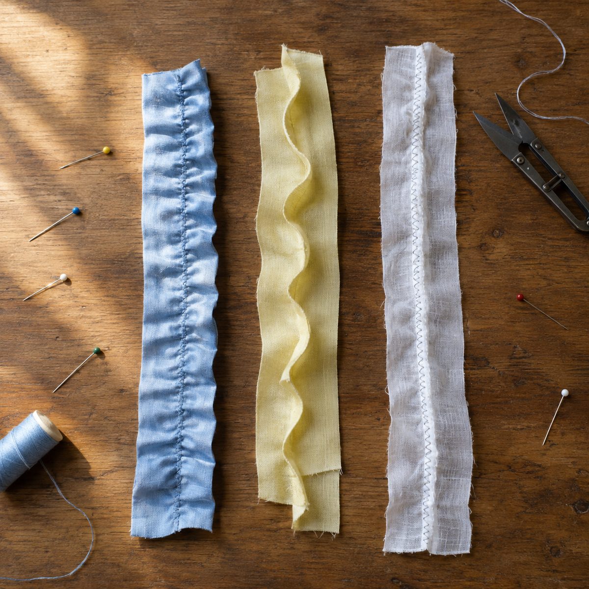 Three fabric strips showing different kinds of seam puckering