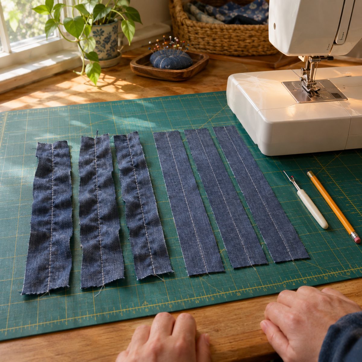 Row of test seams on scrap fabric comparing machine settings