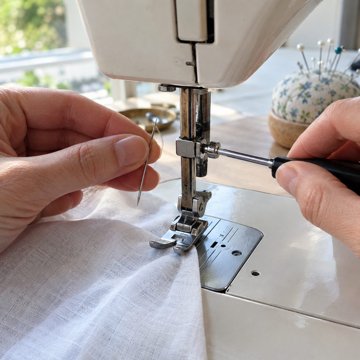 Hands changing to a fresh fine needle on a sewing machine
