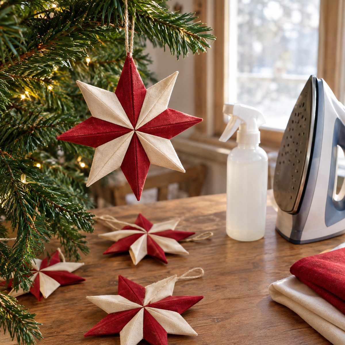 Layered folded fabric star ornament in red and cream hanging on a tree