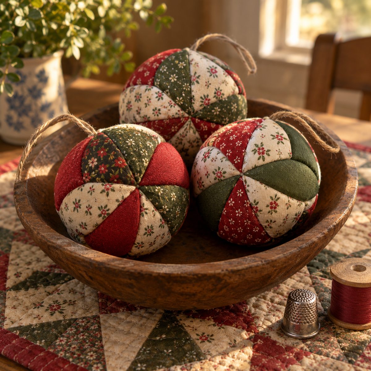 Stuffed patchwork ball ornaments made from six fabric petals in a wooden bowl