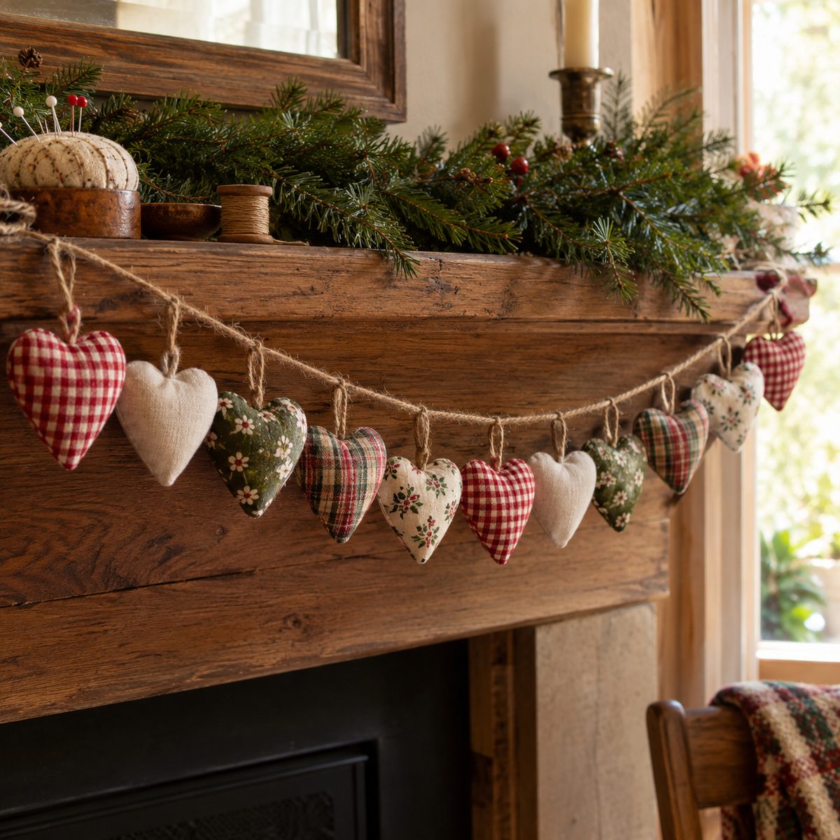 Small stuffed fabric heart ornaments strung on twine along a mantel
