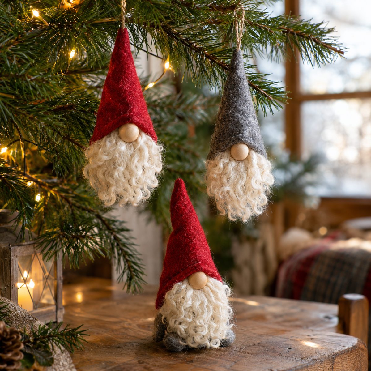 Mini gnome ornaments with felt hats and faux fur beards hanging on a pine branch
