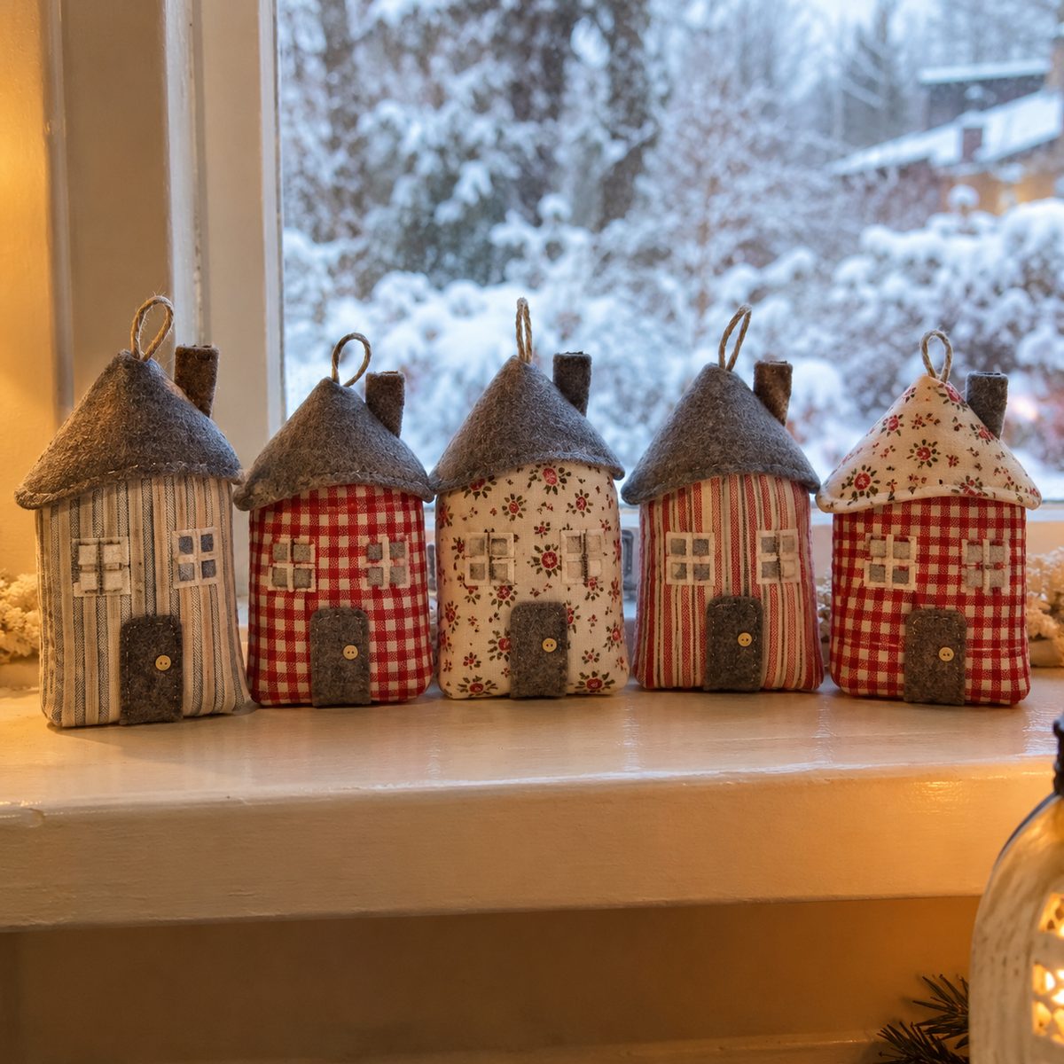 Row of stuffed fabric house ornaments with felt roofs on a windowsill