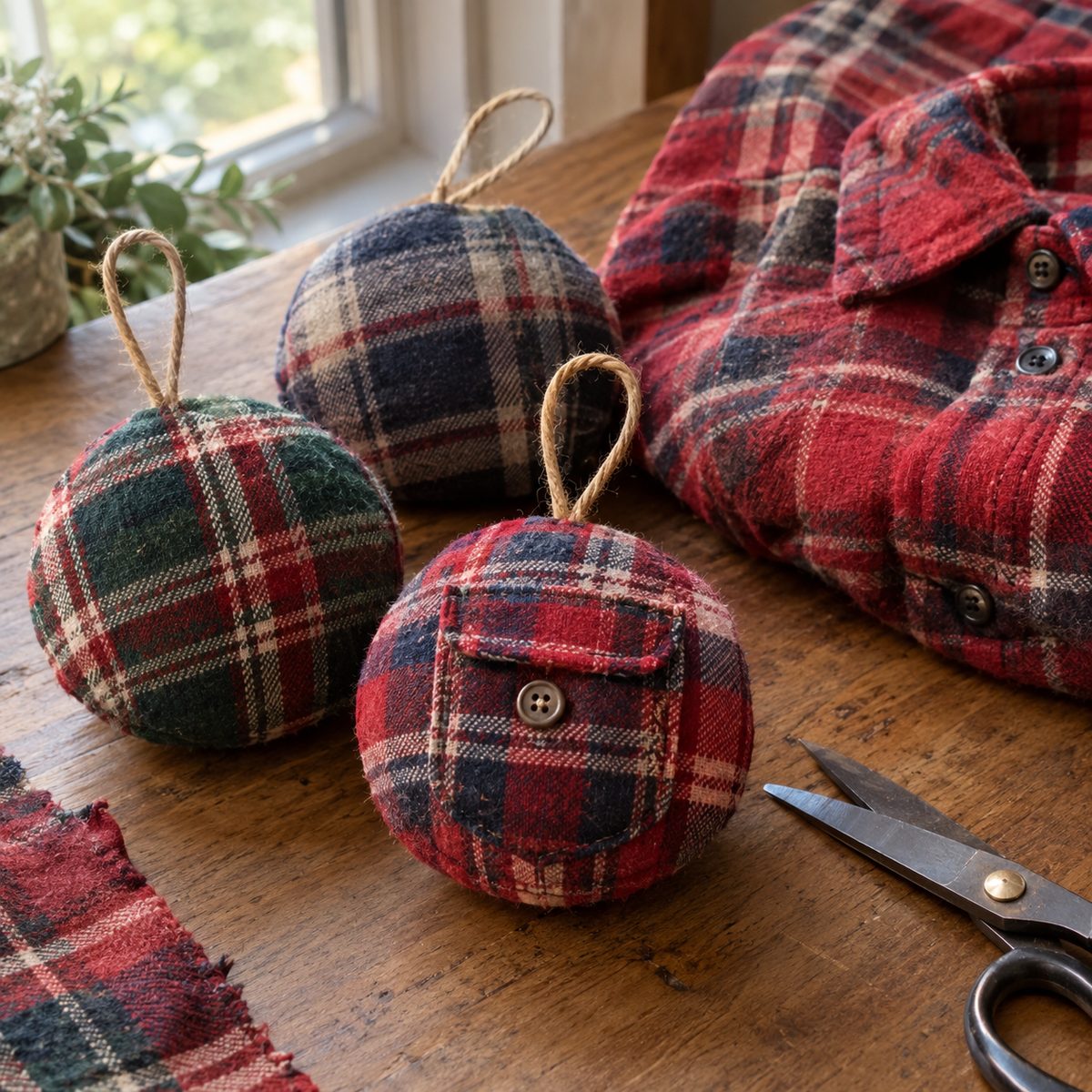 Round keepsake ornaments sewn from a plaid flannel shirt with a pocket detail