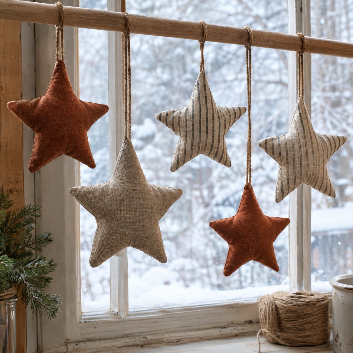 Stuffed linen and ticking star ornaments hanging from a wooden dowel