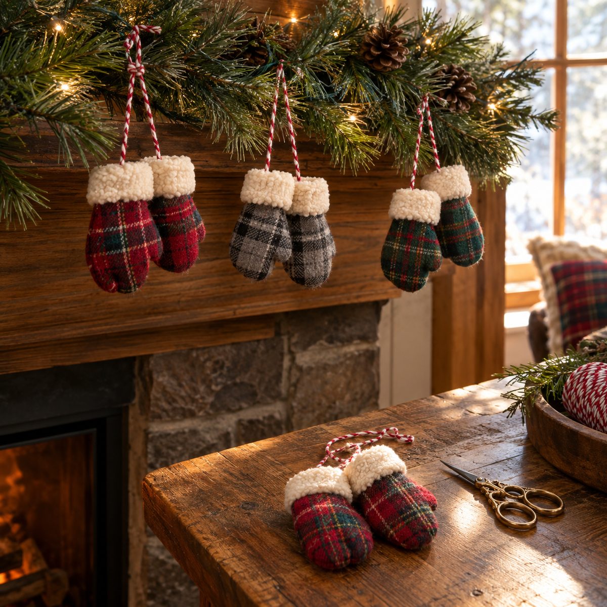 Pairs of mini wool mitten ornaments joined by twine hanging from garland