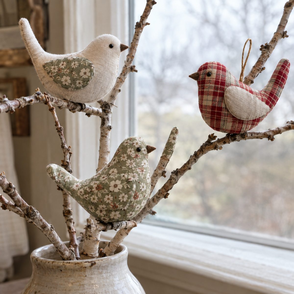 Stuffed fabric bird ornaments perched on a birch branch