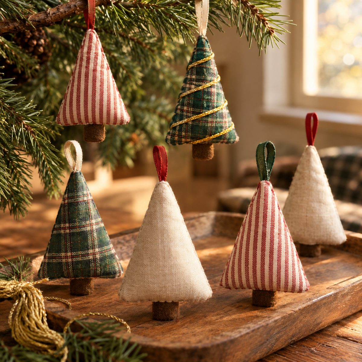 Mini stuffed fabric cone tree ornaments hanging and standing on a tray