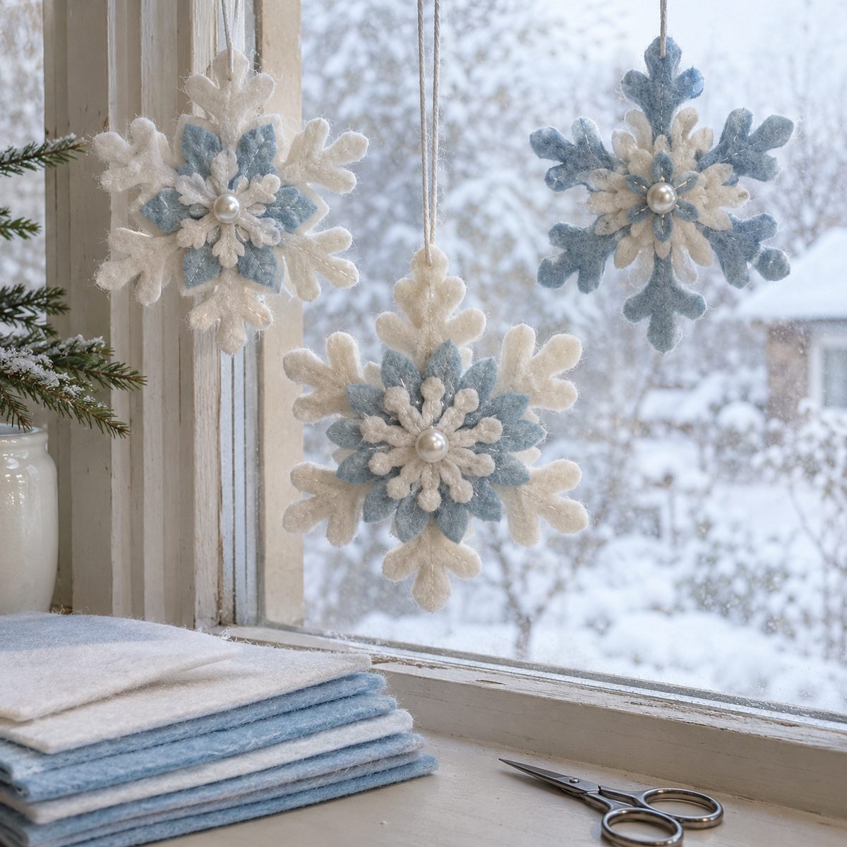Layered felt snowflake ornaments with button centers hanging in a window
