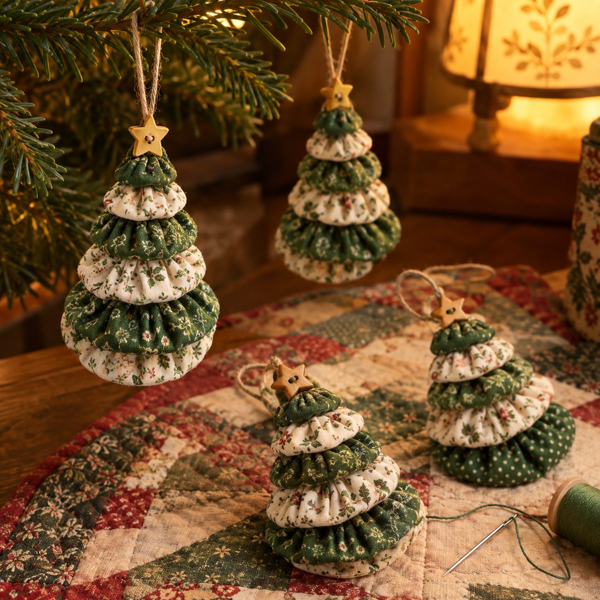 Fabric yo-yo tree ornaments stacked from gathered circles