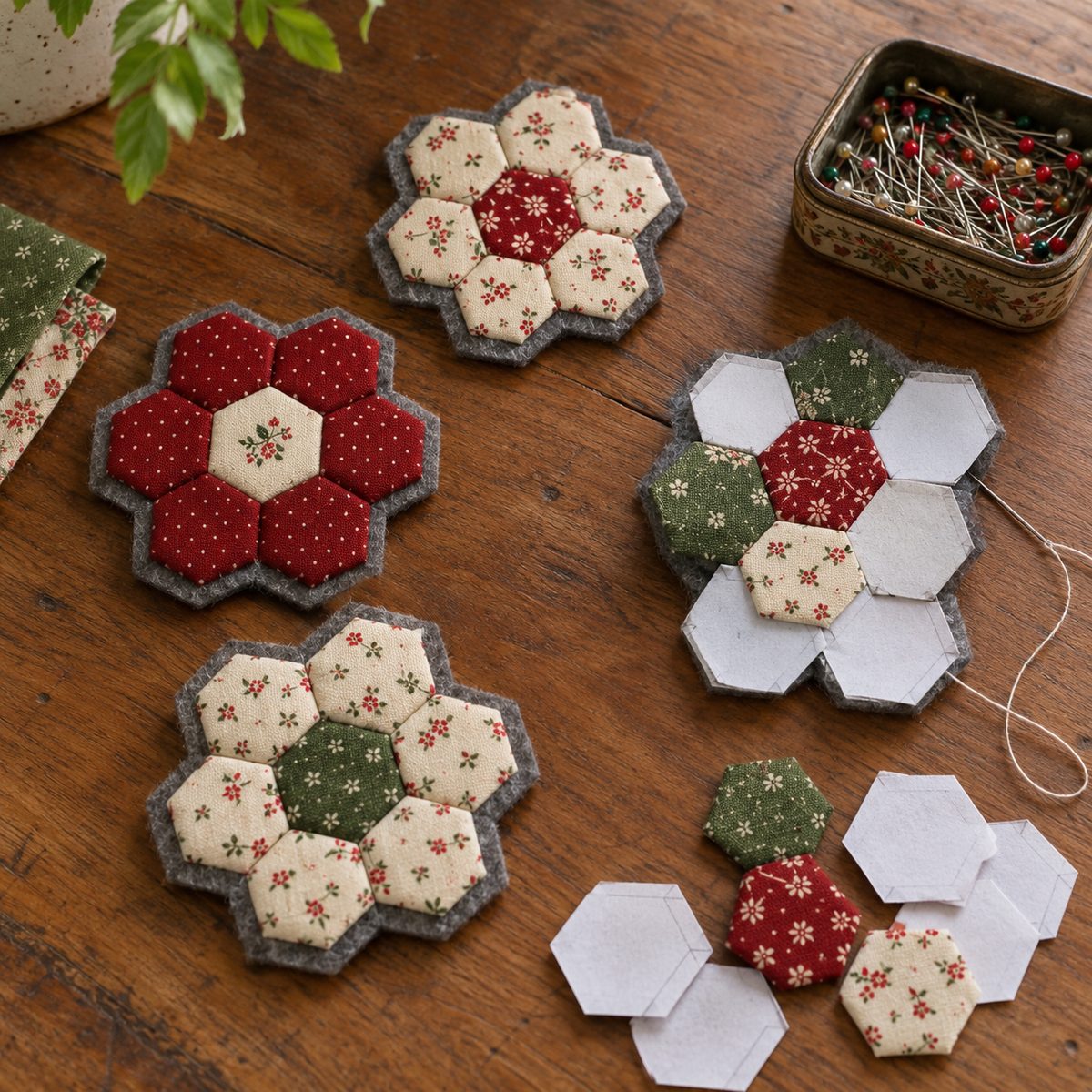 English paper pieced hexagon flower ornaments backed with felt