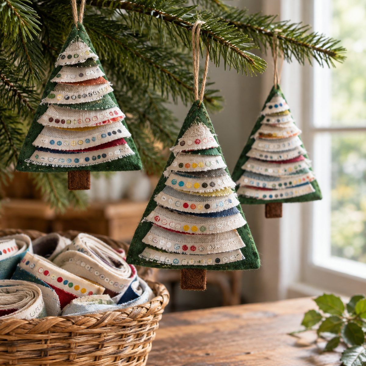 Tree ornaments made from layered fabric selvage strips