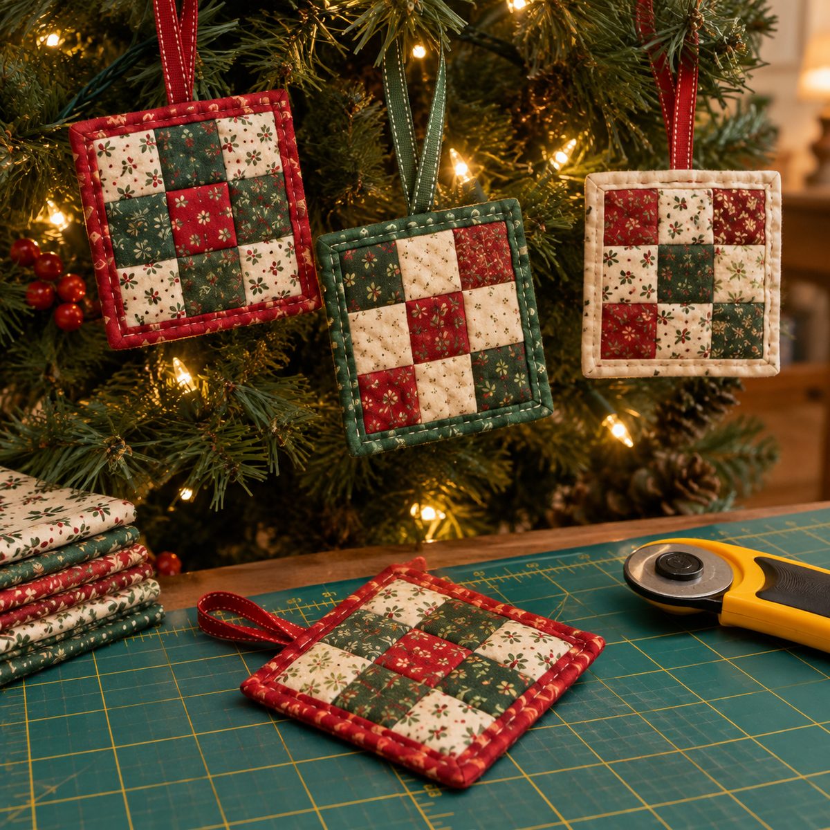 Tiny quilted nine-patch ornaments with binding hanging on a tree