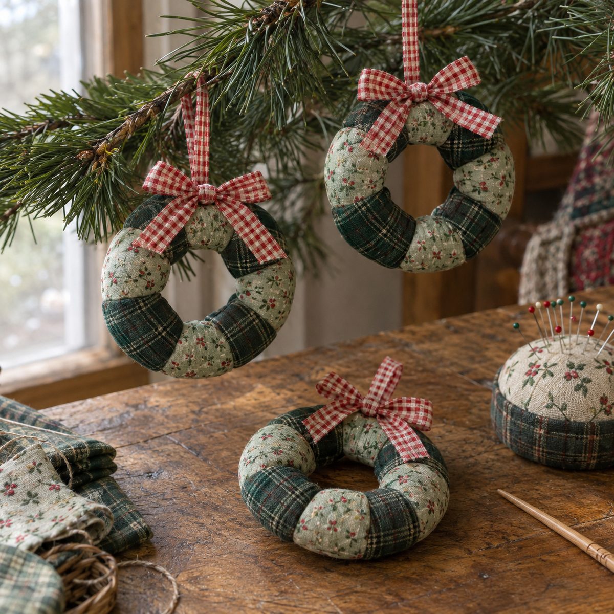 Small stuffed fabric wreath ornaments with gingham bows
