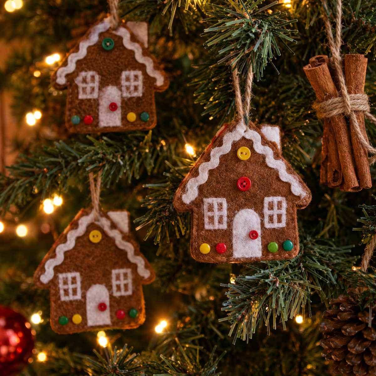 Felt gingerbread house ornaments with rickrack icing and button gumdrops